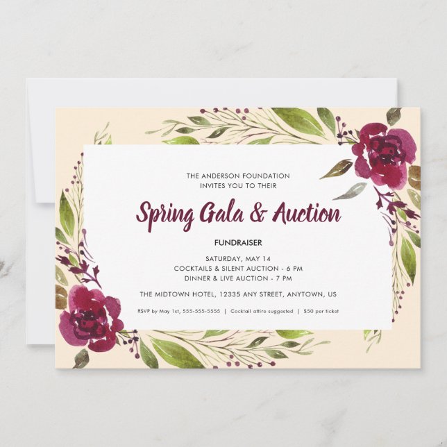 Invitation Fleurs d'aquarelle Gala de printemps et vente aux  (Devant)