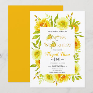 Invitation Fleurs d'aquarelle jaune baptême et 1er anniversai