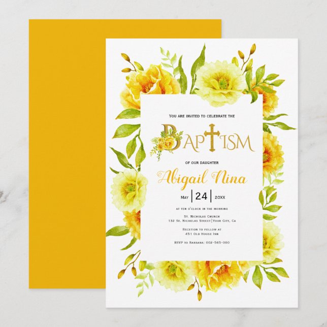 Invitation Fleurs d'aquarelle jaune Baptême floral neutre (Devant / Derrière)