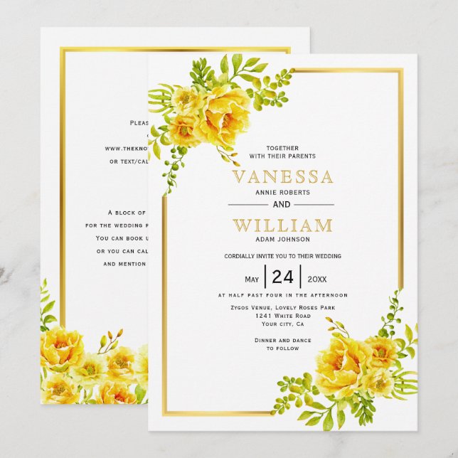 Invitation Fleurs d'aquarelle jaune mariage demande (Devant / Derrière)