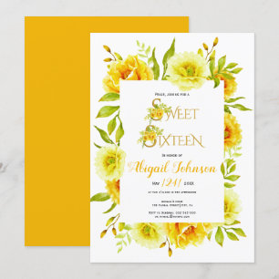 Invitation Fleurs d'aquarelle jaune sweet sixteen anniversair