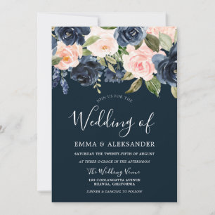 Invitation Fleurs d'aquarelle marine et blush Mariage moderne