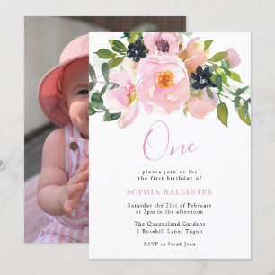 Invitation Fleurs d'aquarelle marine et blush un 1er annivers