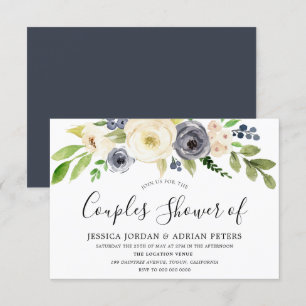 Invitation Fleurs d'aquarelle marine et champagne Couples Dou