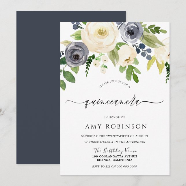 Invitation Fleurs d'aquarelle marine et champagne Quinceanera (Devant / Derrière)