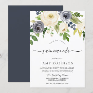 Invitation Fleurs d'aquarelle marine et champagne Quinceanera