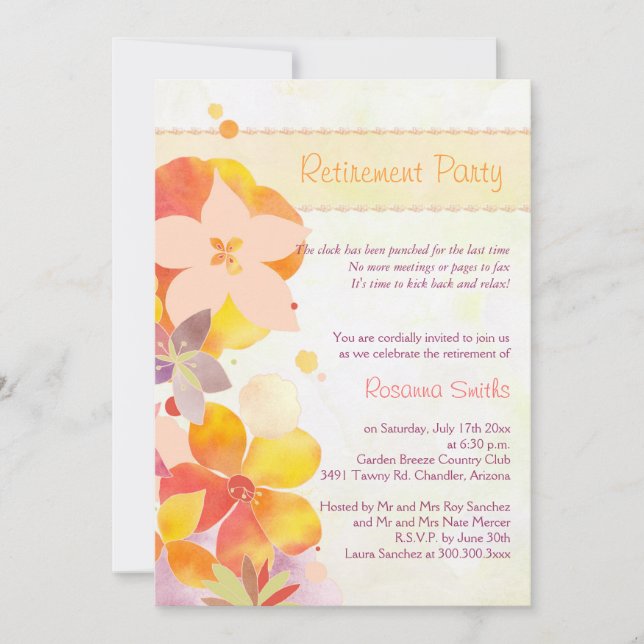 Invitation Fleurs d'aquarelle mignonne Parti de retraite (Devant)