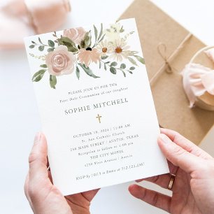 Invitation Fleurs d'aquarelle neutres simples Première commun