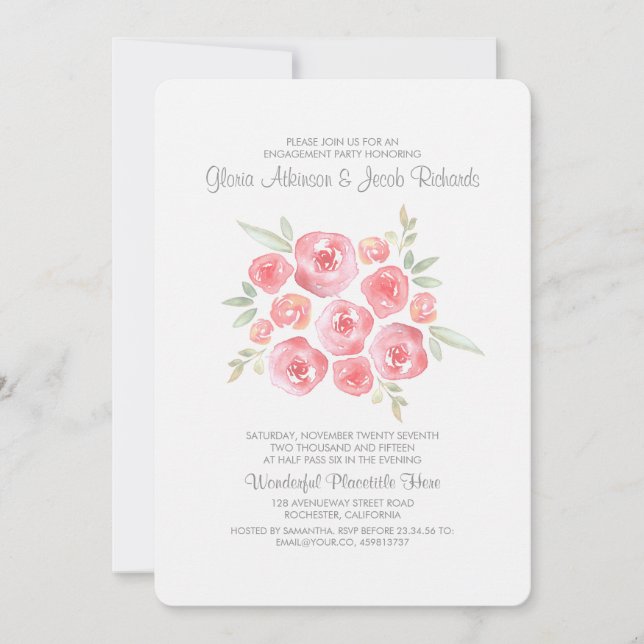Invitation Fleurs d'aquarelle Partie d'engagement Roses roses (Devant)