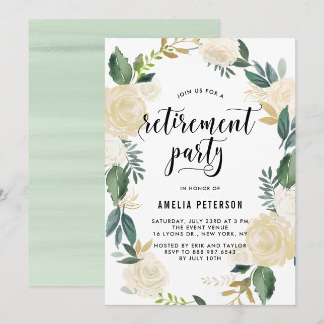 Invitation Fleurs d'aquarelle Parties scintillant d'or Parti  (Devant / Derrière)
