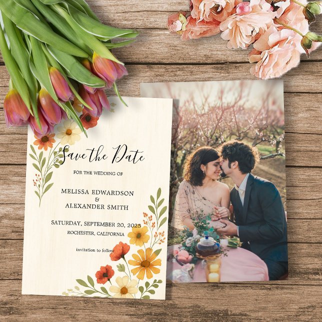 Invitation Fleurs d'aquarelle photo mariage Enregistrer la da (Watercolor flowers photo boho wedding Save the date Invitation.)