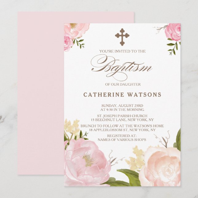 Invitation Fleurs d'aquarelle romantique et baptême croisé (Devant / Derrière)