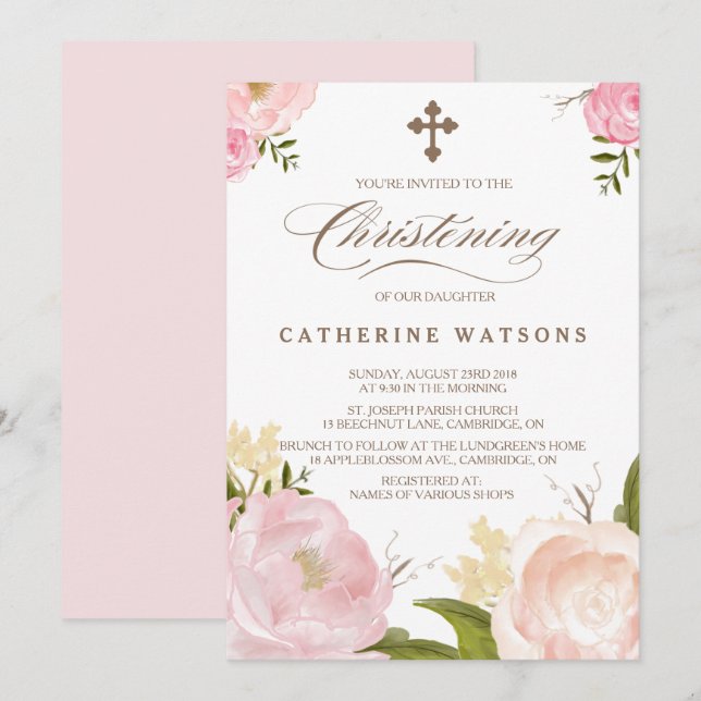 Invitation Fleurs d'aquarelle romantique et baptême croisé (Devant / Derrière)
