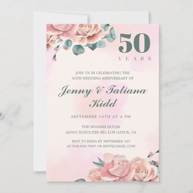 Invitation Fleurs d'aquarelle rose 50e anniversaire de mariag (Devant)