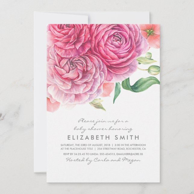 Invitation Fleurs d'aquarelle rose Baby shower botanique (Devant)