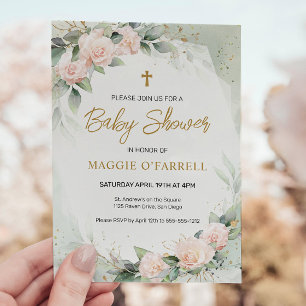 Invitation Fleurs d'aquarelle rose Baby shower religieux