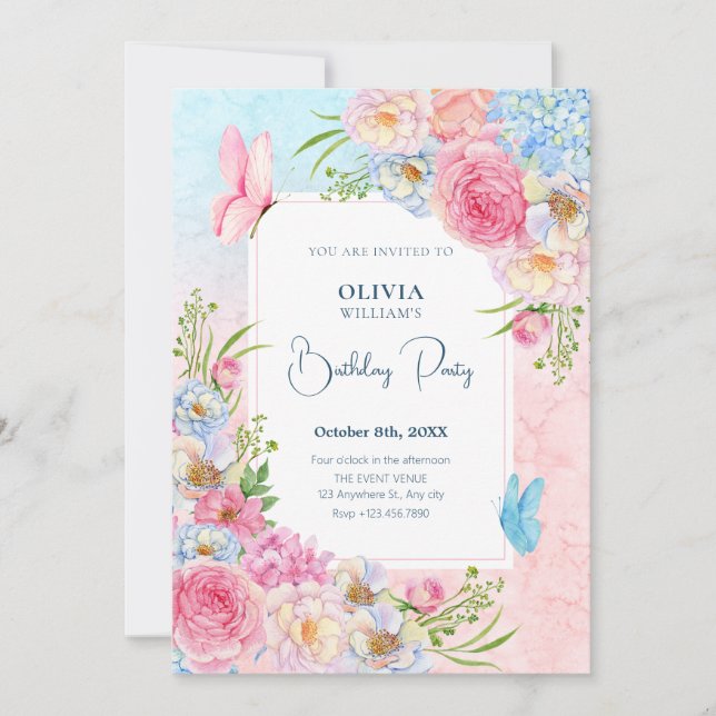 Invitation Fleurs d'aquarelle rose bleu Anniversaire (Devant)