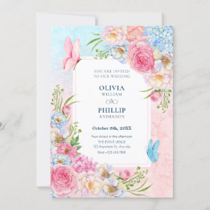 Invitation Fleurs d'aquarelle rose bleu mariage