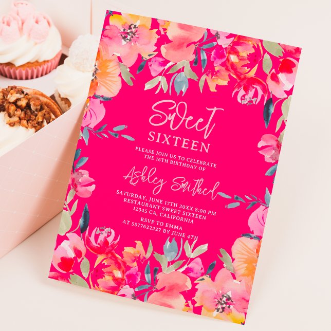 Invitation Fleurs d'aquarelle rose bohème Douce 16 ans (Bohemian pink watercolor flowers Sweet 16 birthday Invitation on neon pink)