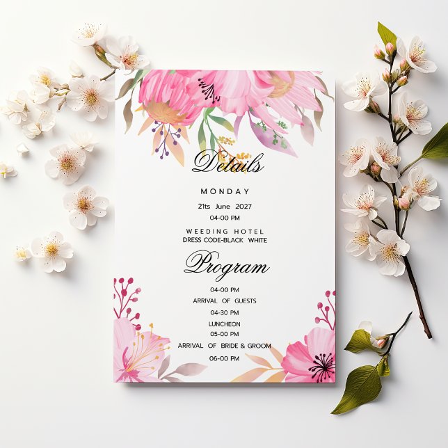 Invitation Fleurs d'aquarelle rose botanique Détails Programm (Botanic pink watercolor flowers Details Program)
