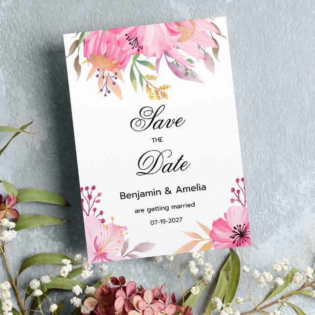 Invitation Fleurs d'aquarelle rose botanique Enregistrer la d (Botanic pink watercolor flowers Save the Date)