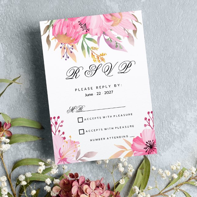 Invitation Fleurs d'aquarelle rose botanique RSVP (Botanic pink orange watercolor flowers RSVP)