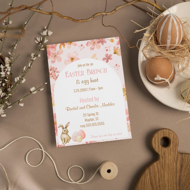Invitation Fleurs d'aquarelle rose Brunch de Pâques et chasse (Pink Watercolor Flowers Easter Brunch and Egg Hunt Invitation
)