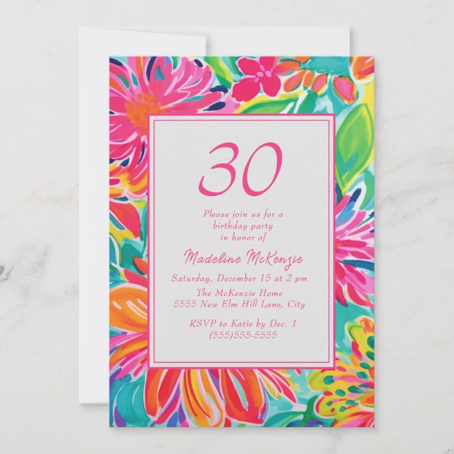 Invitation Fleurs d'aquarelle rose chaud 30e anniversaire (Devant)