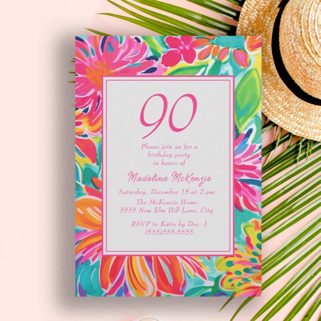 Invitation Fleurs d'aquarelle rose chaud 90e anniversaire (Hot pink and orange tropical leaves 90th birthday party invitation for women.)