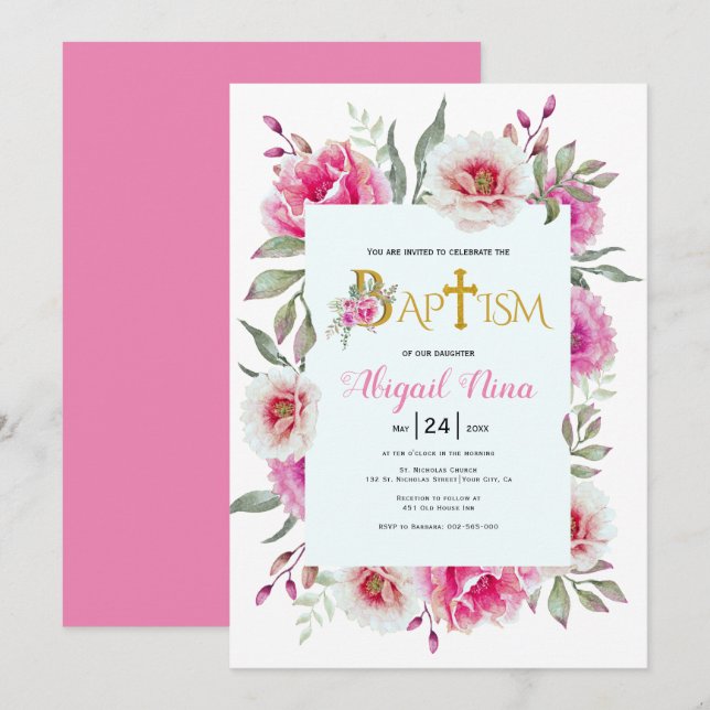 Invitation Fleurs d'aquarelle rose chaud fille baptême floral (Devant / Derrière)