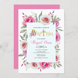 Invitation Fleurs d'aquarelle rose chaud fille baptême floral