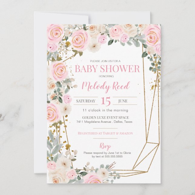 Invitation Fleurs d'aquarelle rose et blanc Baby shower fille (Devant)