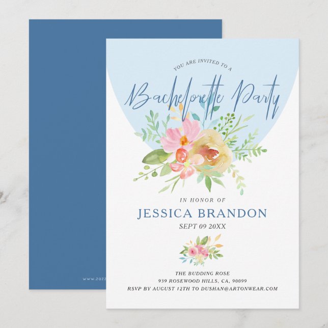 Invitation Fleurs d'aquarelle rose et jaune typogra moderne (Devant / Derrière)