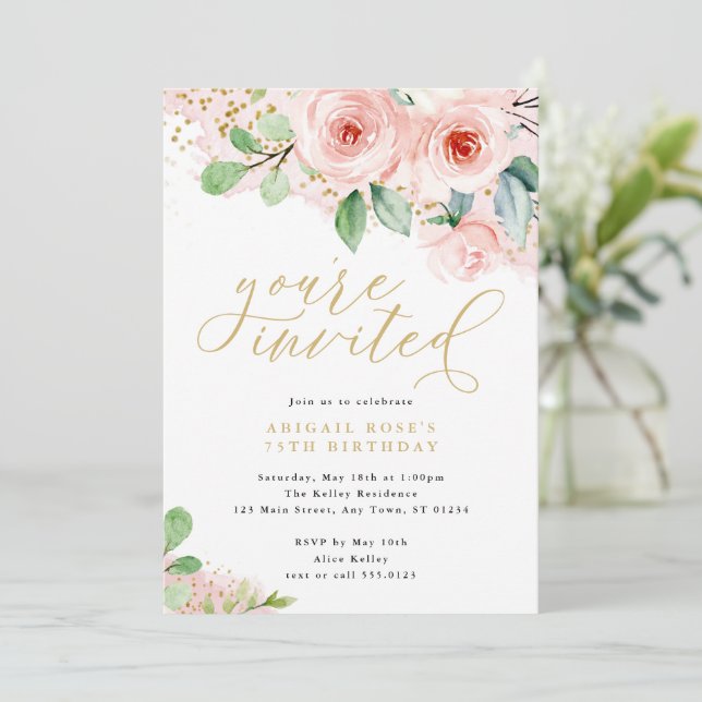 Invitation Fleurs d'aquarelle rose et or, vous êtes invité (Debout devant)
