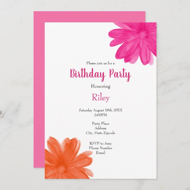 Invitation Fleurs d'aquarelle rose et orange chaud (Devant / Derrière)