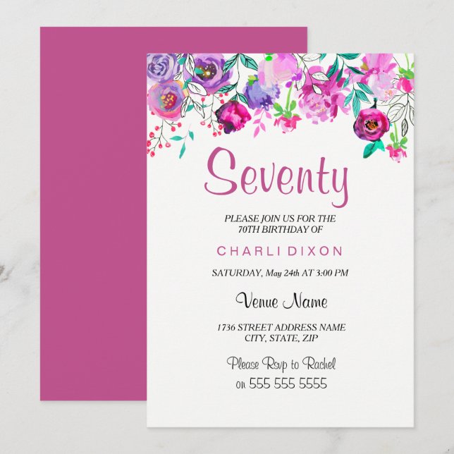Invitation Fleurs d'aquarelle rose mauve 70e anniversaire (Devant / Derrière)