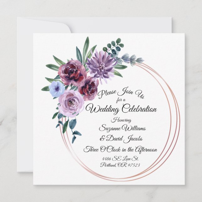 Invitation Fleurs d'aquarelle rose pâle et Mariage violet (Devant)