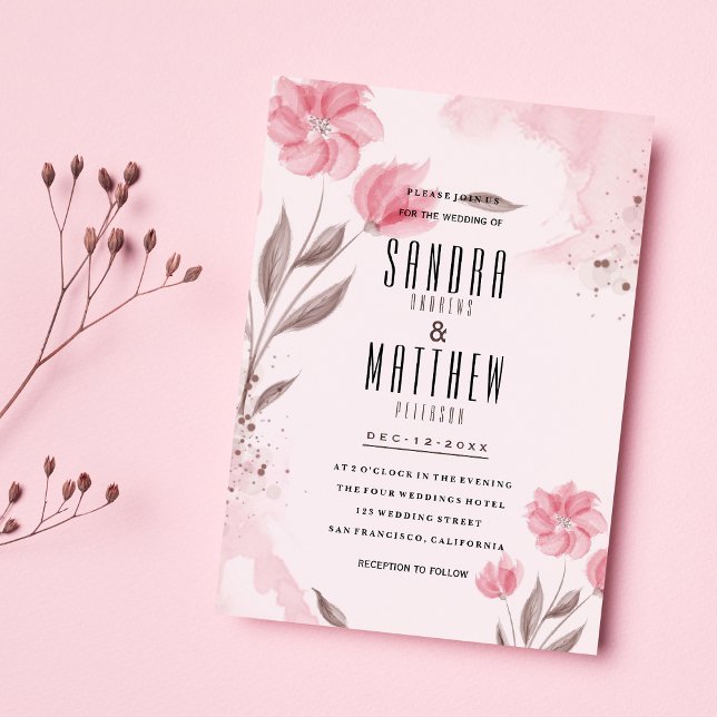 Invitation Fleurs d'aquarelle rose pâle Mariage (Blush pink brown watercolor flowers Wedding)