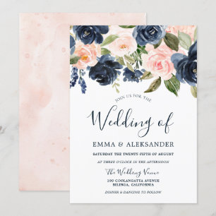 Invitation Fleurs d'aquarelle rose pâle Mariage de marine