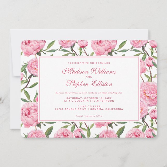 Invitation Fleurs d'aquarelle rose Peony - Mariage (Devant)