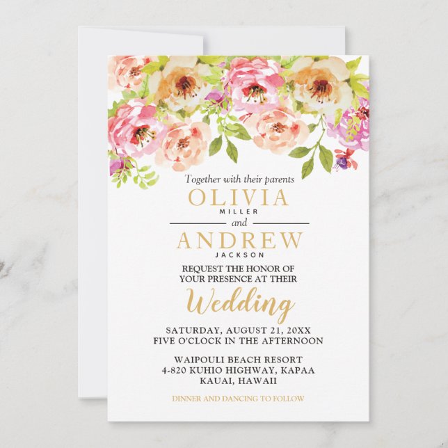 Invitation Fleurs d'aquarelle rose printanier | MARIAGE (Devant)