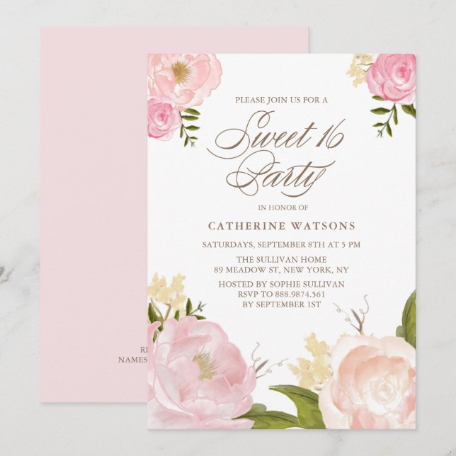 Invitation Fleurs d'aquarelle rose romantique Douce 16 Partie (Devant / Derrière)