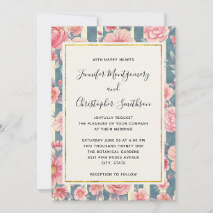 Invitation Fleurs d'aquarelle rose sur Mariage Motif rayé