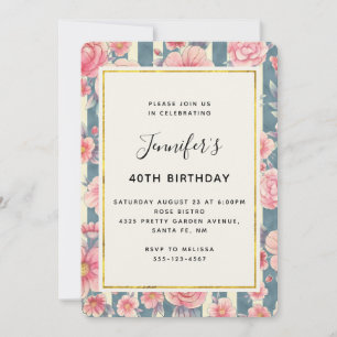 Invitation Fleurs d'aquarelle rose sur rayures Anniversaire