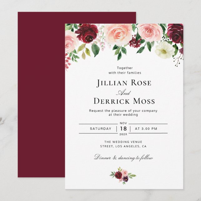 Invitation fleurs d'aquarelle rose vif et bordeaux mariage (Devant / Derrière)