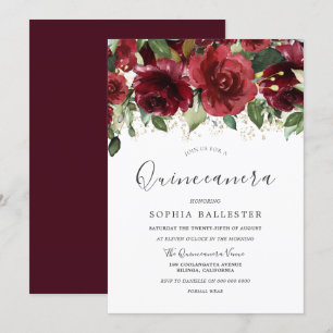 Invitation Fleurs d'aquarelle rouge Bourgogne Quinceanera Par