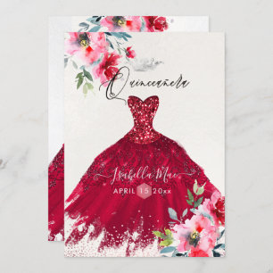 Invitation Fleurs d'aquarelle rouge de Quinceanera