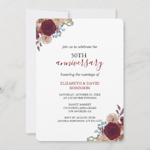 Invitation Fleurs d'aquarelle rouge mariage 50e anniversaire