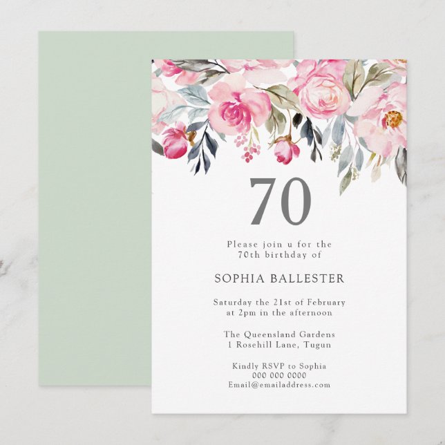 Invitation Fleurs d'aquarelle rousse Élégant 70e anniversaire (Devant / Derrière)