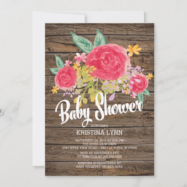 Invitation Fleurs d'aquarelle rustique Baby shower filles (Devant)